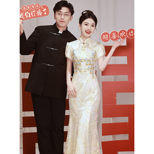 康美诗轻小众订婚婚纱礼服旗袍服中式2024敬酒新娘结婚鱼尾亮片裙轻奢回 酒红色 短袖 中长款 S