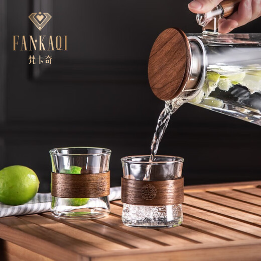 FANKAQI heat-resistant, high-looking cold kettle glass for home living room, cold white kettle for making herbal tea and juice, ash walnut + cup holder + iron tray