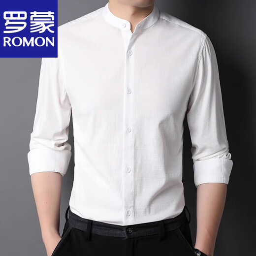 罗蒙（ROMON）小立领棉衬衫男2025年春秋长袖衬衣休闲内搭中华领薄款 9930款浅灰 175/L
