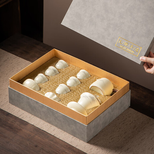 Complete set of gold inlaid jade tea set, imitation Song Dynasty Ru kiln open-piece ceramic Kung Fu tea set, high-end tea set for home use, ink painting distant mountains