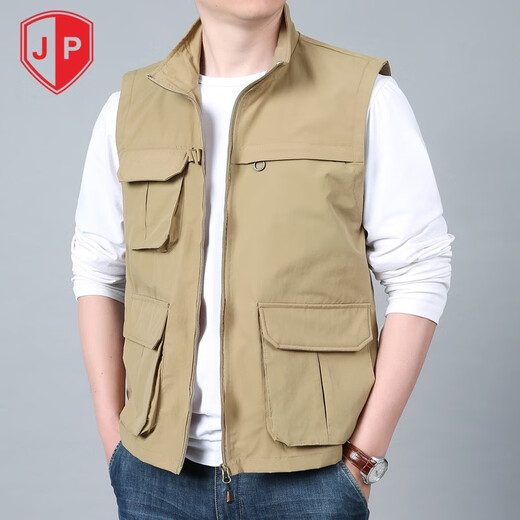 JP 户外男士马甲多口袋休闲工装背心薄款速干马夹2677 卡其色 XL (适合140斤-155斤)