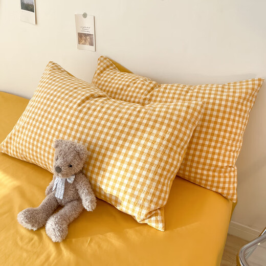 Nanjiren's three-piece bed set solid color plaid striped sheets and quilt covers single student dormitory double bed covers Pudding yellow [soft and comfortable, skin-friendly and breathable 1.8m sheet four-piece set (quilt cover 180*220cm