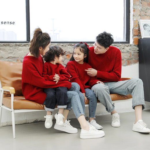 Little Bear Elf (xiaoxiongjingling) sweater parent-child outfit family portrait spring and autumn sweater red mother-daughter family of three or four festive Chinese style sister outfit burgundy parent-child outfit children's size 80 (recommended height 75-85cm)