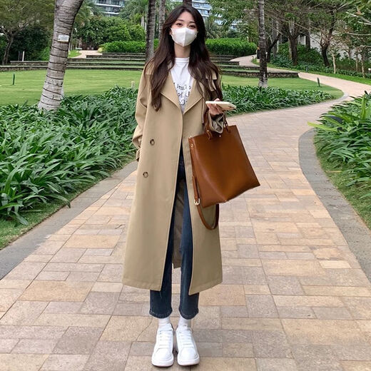 GARNUO khaki trench coat women's mid-length 2025 spring and autumn new high-end small thin casual coat khaki S 101-115