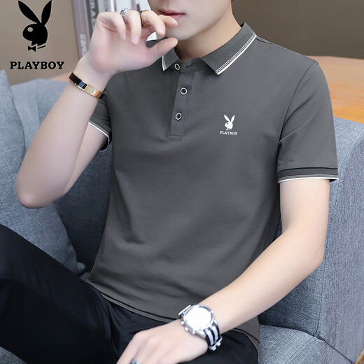 La nueva camiseta de polo de algodón puro de Playboy, la solapa de moda de algodón de manga corta, la solapa de moda delgada de verano 826 gris oscuro L sugiere 110-125 Jin [Jin equivale a 0.5 kg]