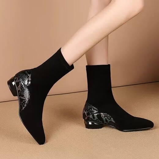 Xia Pinli 2023 Herbst und Winter Dicke Absatz niedrig heeled spitzes Leder Kurzstiefel Frauen Mode große elastische Stiefel Frauen mittelschwere Stiefel Slimming Women Black Fleece 35 35