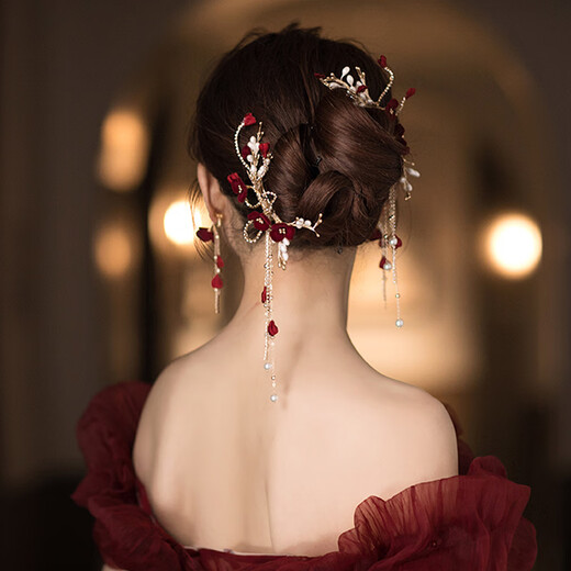 Jingli Jingda toasting attire bridal headdress simple and elegant wedding dress wedding high-end simple Xiuhe suit engagement cheongsam hair accessories for women bridal flower hairpin set