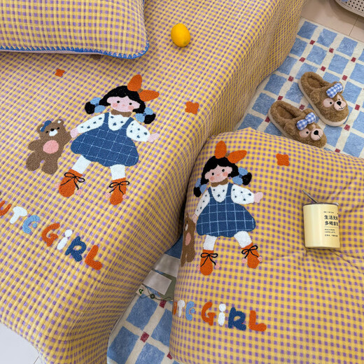 A类牛奶绒床上四件套卡通毛巾绣被套罩冬季保暖绒套件床品正反用 小女孩【牛奶绒 双面可用】 2.0床盖四件套-被套200*230cm