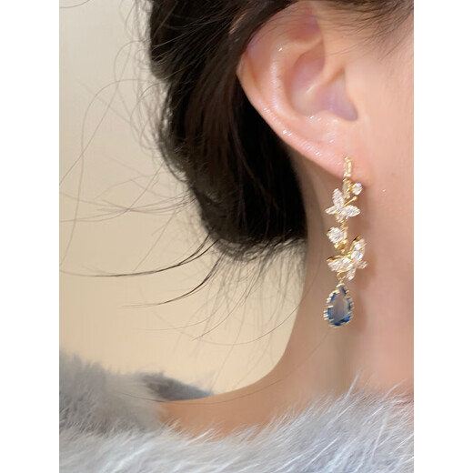 Sili No Piercing Ear Clip Micro-Inlaid Zircon Blue Water Drop Earrings Women's New Exquisite and High-Quality Super Fairy Long Earrings Butterfly Water Drop Ear Clips (Mosquito Repellent Disc Ear Clips)