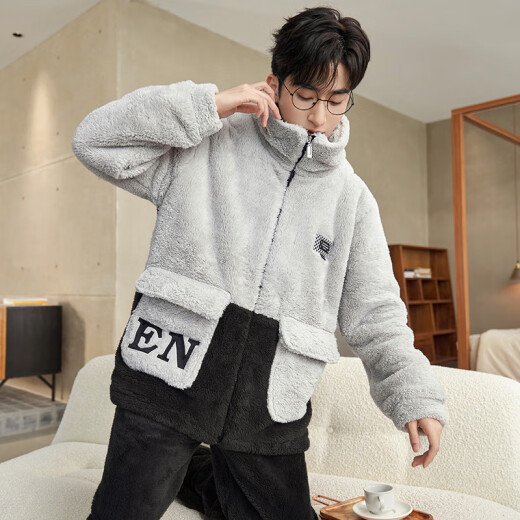 少年情话男士睡衣珊瑚绒秋冬款保暖舒适大码冬天青年休闲家居服套装可外穿 1349N【浅灰+黑色】 L (170) (建议100-135斤)