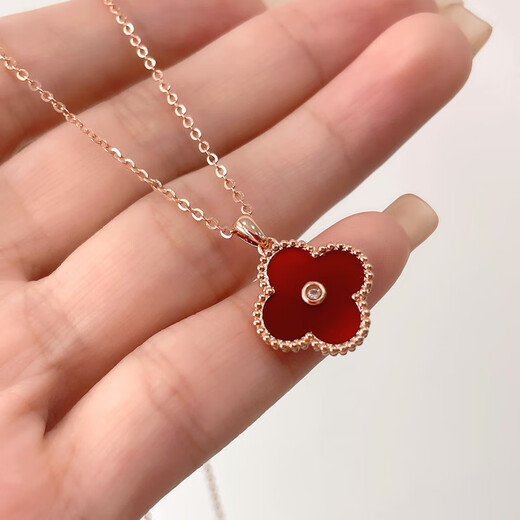 18K gold four-leaf clover diamond pendant rose gold colored gold pendant au750 gold chain set birthday gift for girlfriend red agate 18K gold color (single pendant)