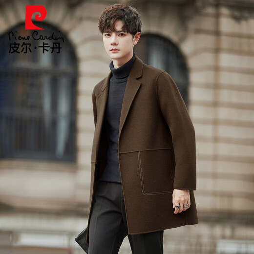 皮尔卡丹高档轻奢双面羊毛呢大衣男士春秋季加厚羊毛呢子外套男风衣中长款 灰绿色 S 体重110斤以内