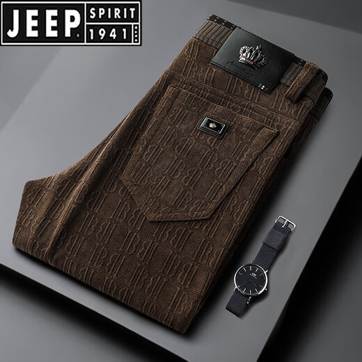 JEEP SPIRIT灯芯绒牛仔裤男春秋季弹力男士休闲裤字母提花秋冬商务直筒裤 咖啡色 春秋6630 29