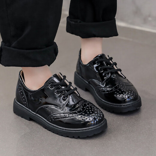 Xi'er boys' leather shoes black British style student soft bottom boy flower girl suit performance leather shoes campus performance leather shoes [Black (M-9); 32 yards / inner length 19.7cm