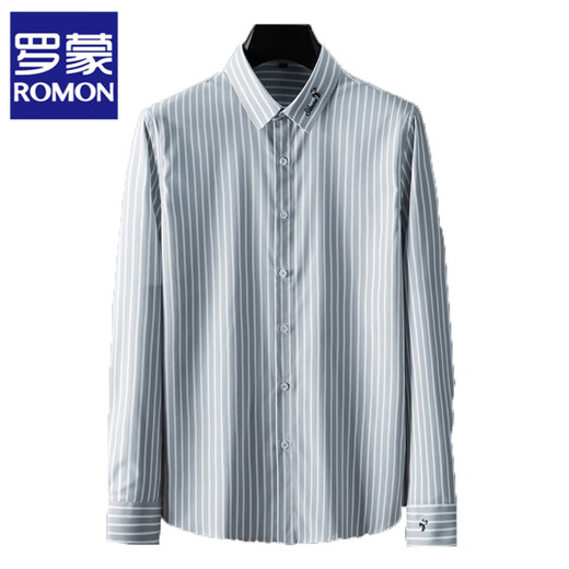 ROMON shirt men's striped easy-care inch embroidery spring and autumn long-sleeved business advanced sense slim casual shirt men's C2036 blue (striped style) XL