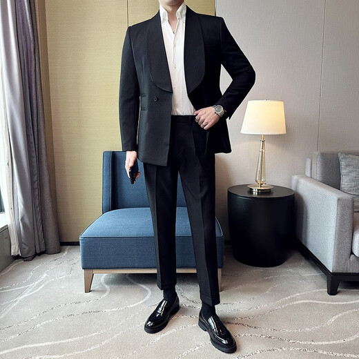 JESSONS DOUBLE BREAGE GREEN FRUTS COLLAR SUIT SUIR BUSING HEMS HEMSE BUSING CONCUTER ROBE SIMP MEMS SUIT MEN SUIS noir (costume + pantalon + C6623 Shirt White) L