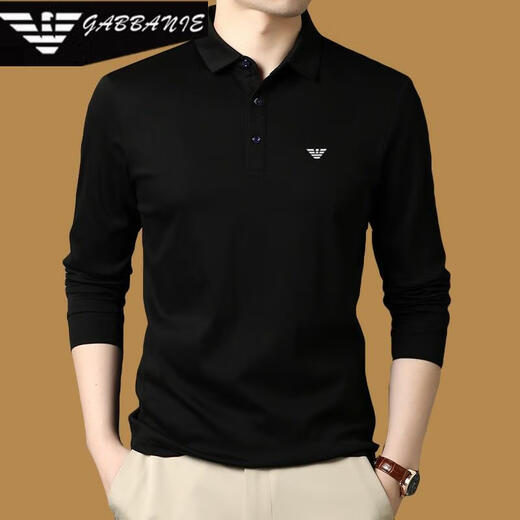 Falai Armani high-end long-sleeved T-shirt men's pure cotton lapel autumn casual business plus velvet warm polo shirt 55155 black L 175/92A suitable for 140-160Jin Jin equals 0.5 kg