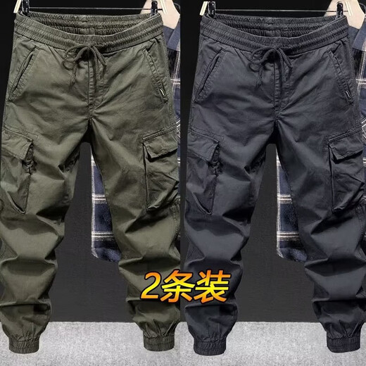 Jiaye work wear pants for men, wear-resistant, loose-fitting, elastic, summer construction site tear-proof overalls, labor protection work pants, 2 pieces, military green + gray 2XL 120-140Jin Jin equals 0.5 kg
