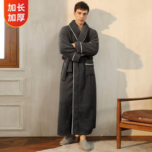 Bo Naling Nightgown Men's Bathrobe Men's Winter Plus Velvet Thickened Long Pajamas Coral Velvet Style Bathrobe Plus Size Large Size Light Luxury Warmth Men's Bathrobe Black Gray XL