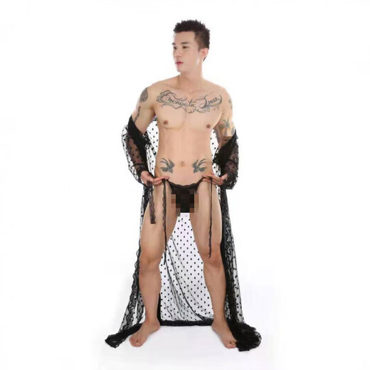 Sexy underwear men's underwear thong sexy sexy lace bathrobe long transparent slit XL g094 black nightgown + underwear