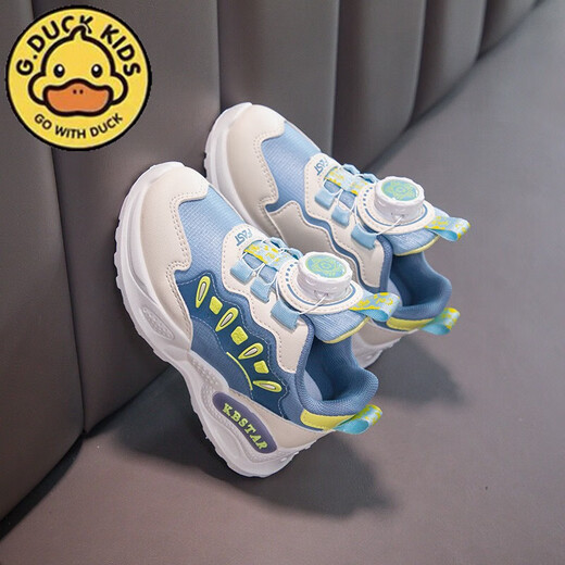 
G.DUCKKIDS little yellow duck girls shoes spring and autumn leather waterproof little girl dad shoes rotating button soft sole sneakers running shoes BS-denim blue 9929 (leather surface) size 27 size 16.9cm