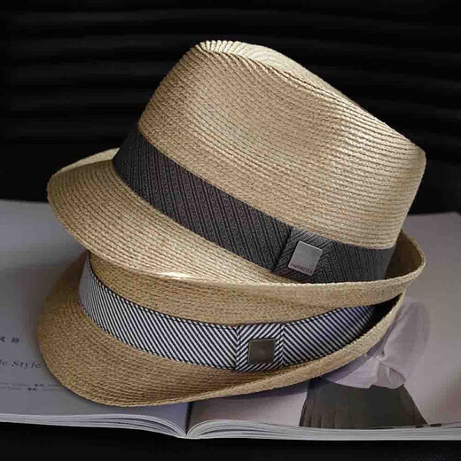 
Tochino high-end Rafi hat men's adult summer sun hat beach hat women's sun protection short edge vacation jazz hat grey stripe belt regular code M55-57.5CM
