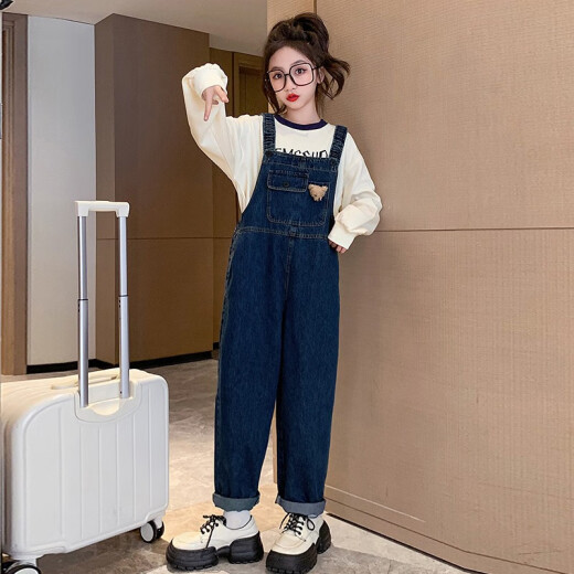 Chili Pepper Diary Girls Denim Overalls Spring and Autumn New Medium and Large Children's Style Loose Straight Temperament Versatile Casual Pants Blue Overalls - Single Pants Size 150 Recommended Height Around 135-145 Centimeters