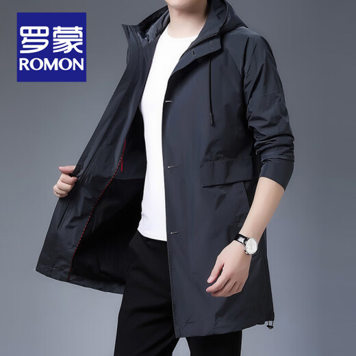 ROMON high-end light luxury mid-length hooded windbreaker men's spring and autumn fashion business casual dad wear youthful jacket men [spring and autumn] FY192213 gray 175/L size