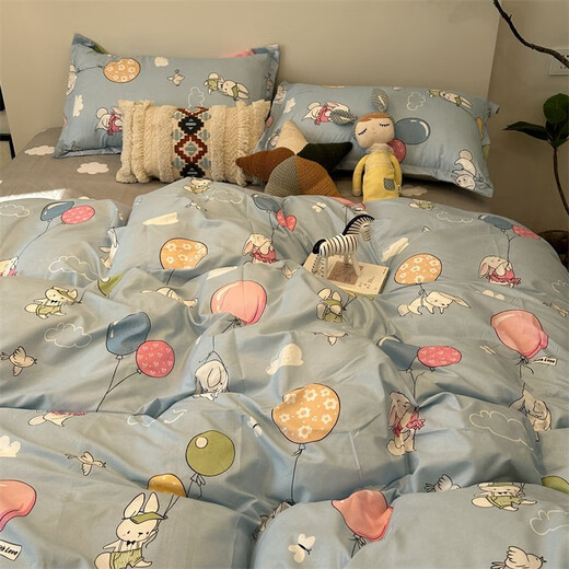 Japanese simple striped plaid bed solid color four-piece male student dormitory single bed quilt cover Pledge-Blue 1.5m four-piece quilt cover 150*200