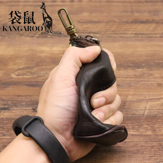 袋鼠（KANGAROO）新款头层牛皮植鞣皮复古做旧钥匙包男士大容量腰挂做旧牛皮钥匙包 咖色