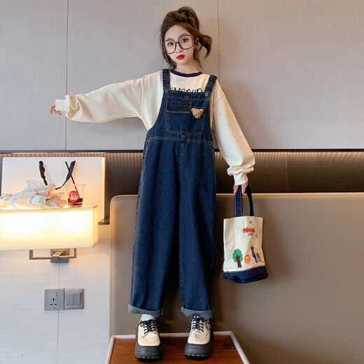 Chili Pepper Diary Girls Denim Overalls Spring and Autumn New Medium and Large Children's Style Loose Straight Temperament Versatile Casual Pants Blue Overalls - Single Pants Size 150 Recommended Height Around 135-145 Centimeters