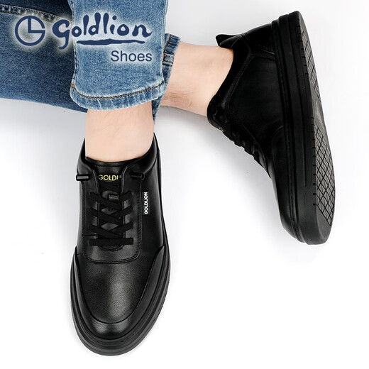 Goldlion men's shoes round-toe men's sneakers simple black cowhide business casual leather shoes for men black 40