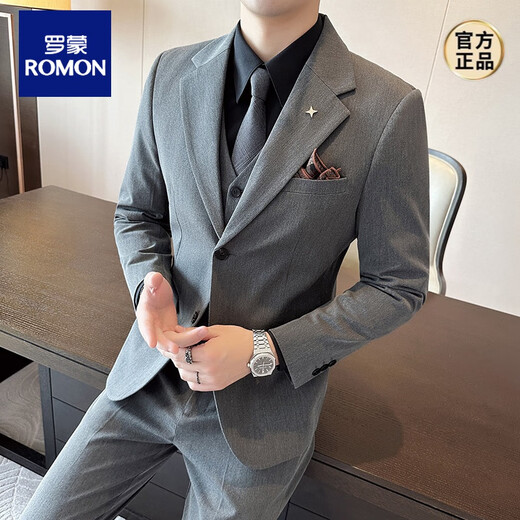ROMON British Business Slim Suit Men's Commuting Casual School Suit Professional Wear Formal Groom's Dress Three-piece Set Navy Suit/Trousers S