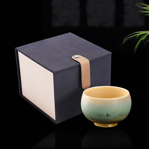 Gold inlaid jade hand-painted tea cup, ceramic kiln-turned single cup small water cup master cup Kung Fu tea set gift box 100ML random hand-painted cup