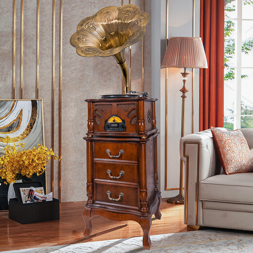Jinmo retro phonograph living room American European Chinese vinyl record player old-fashioned antique karaoke gramophone CS16 brown-53cm copper speaker