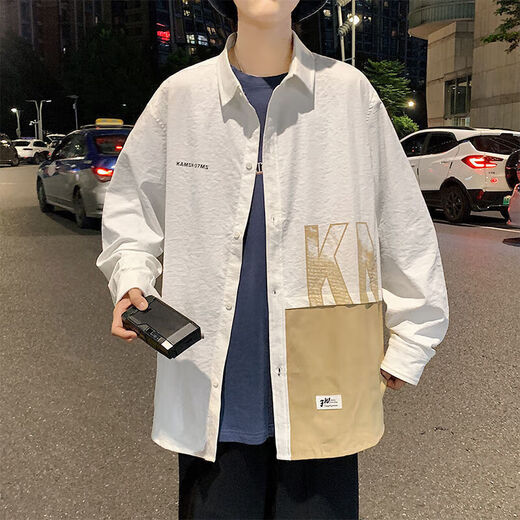 丹俏丽衬衫男士春夏季新款韩版潮流拼接印花长袖衬衣青少年宽松痞帅外套 白色 679 M