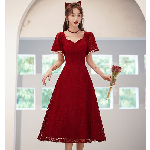 
Lankaroni Lankaroni toast suit bride can wear wedding engagement dress return small evening dress lace burgundy medium length S