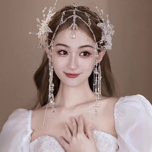 Meng Junchen bride's wedding headdress, hair accessories, makeup, wedding dress, tassel forehead ornament, eyebrow pendant, super fairy and luxurious female