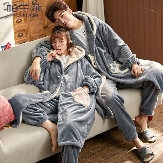 Palando Coral Fleece Couple Pajamas for Women in Autumn and Winter Long Sleeve Bathrobe Extended Men's Pajamas for Couples Can We Wear Home Suit Winter 9913 Women's XL Size