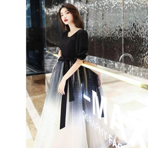 Seidler Bankett Abendkleid für Frauen 2025 Neues schwarzes langes Temperament kann am Host-Chor-Performance-Anzug schwarz L getragen werden (Empfohlen 106-115Jin [Jin gleich 0,5 kg])