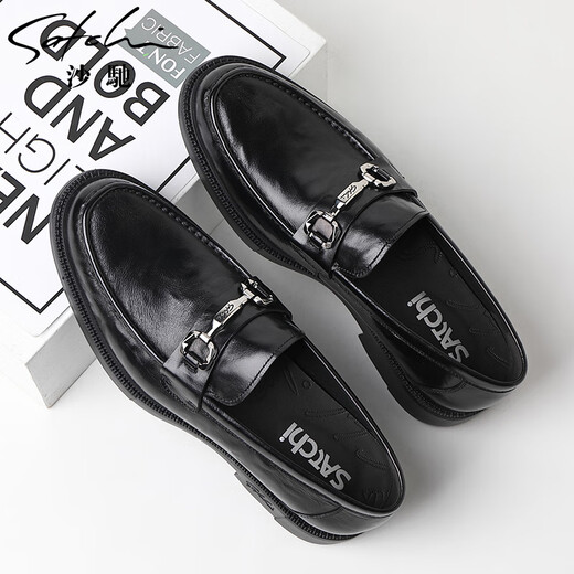 SATCHI men's shoes new style men's high-end business casual leather shoes fashionable hand-grabbed cowhide over-the-foot comfortable loafers black 40 one size larger than the national code