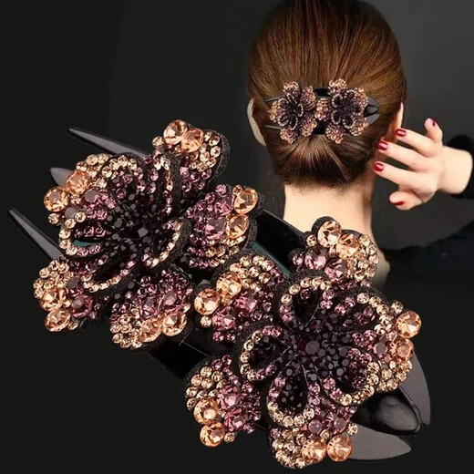 He Niang's new three-tooth hairpin hairpin, Korean style elegant temperament hairpin, mother's duckbill clip, back of head grabber clip, top clip, hollow peony flower duckbill clip, champagne ink orchid