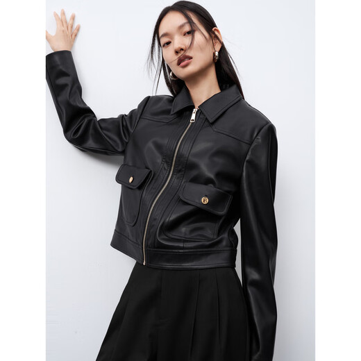 PEACEBIRD Women's Short Jacket PU Leather Jacket Women's Autumn Fashion High-end Lapel Wilderness Maillard Black 2 M