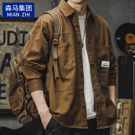 Cotton American style work shirt jacket for men spring and autumn new loose Japanese retro all-match casual jacket for men brown XL