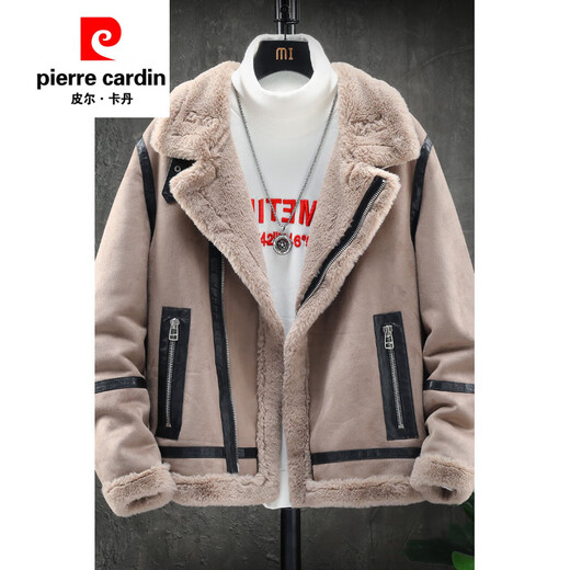 皮尔卡丹（pierre cardin）冬季新款羊羔毛夹克男加绒加厚海宁皮毛一体潮毛领外套男 灰色 M适合90-110斤