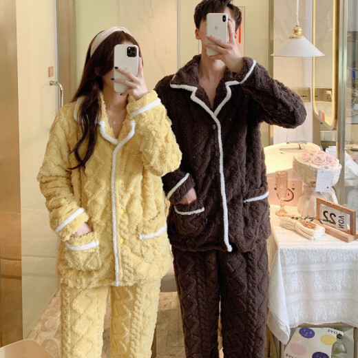 Nanjiren Couple Pajamas Women's Autumn and Winter Velvet Thickened Pajamas Men's Large Size Flannel Home Clothes Warm Set NSLYU-2111/2113 Coffee Women's M Size (Suitable for 80-100 Jin [Jin equals 0.5 kg])