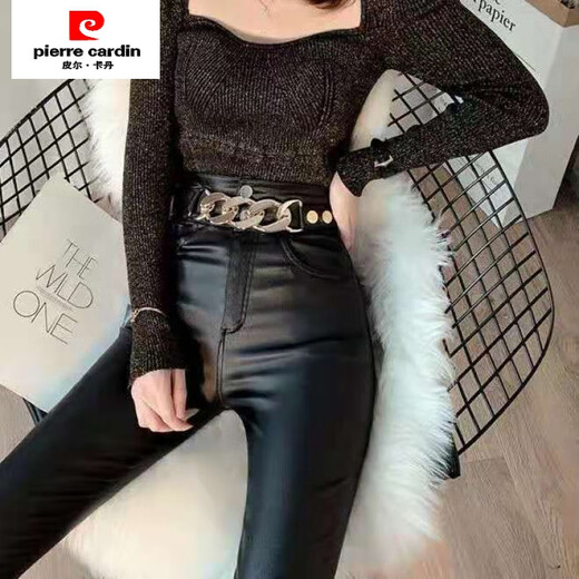 皮尔卡丹（pierre cardin）加绒皮裤女秋冬新款高腰外穿打底裤哑光显瘦紧身小脚铅笔裤子 现货/系带皮裤【9921款】 加绒 S 【80-95斤】卡码往大拍