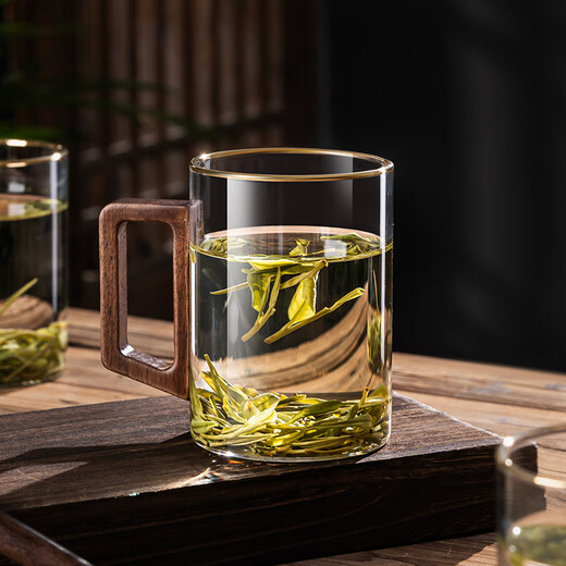 Pulian glass set for home living room green tea cup large capacity drinking cup Chinese style wooden handle 310ml walnut handle cup 6 pieces + cup holder + wooden tray