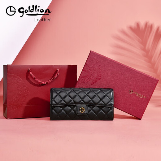 Goldlion long wallet for women 2025 new style cowhide clutch bag for girls with multiple card slots genuine leather light luxury ladies handbag high-end black FA021919-111