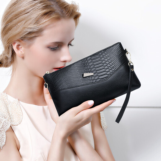 Qidell Clutch Women's Genuine Cowhide New Korean Style Large Capacity Clutch Bag Fashion Cowhide Crossbody Bag Women's Handbag Black